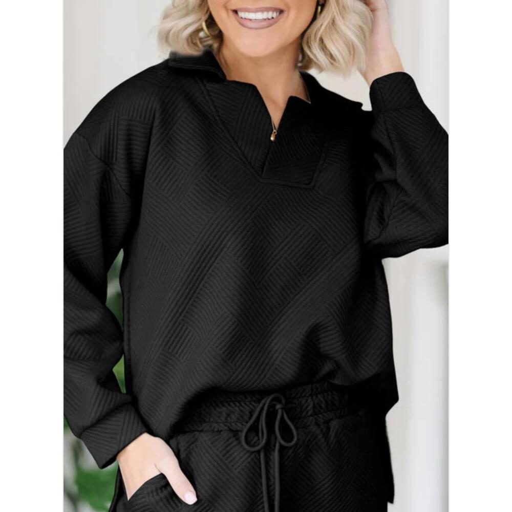 NWT BTFBM Black Textured Collared V-Neck Top & Wide Leg Pants Lounge Set size LG - Picture 15 of 15
